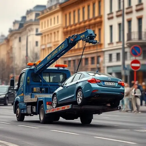 A realistic city street scene in Moscow showing a blue tow truck with a hydraulic arm lifting a small sedan from the road. The background includes typical Moscow architecture, street lamps, and traffic signs, with a blurred crowd of pedestrians and cars in the distance. The focus is on the tow truck and the lifted vehicle, conveying the moment of a vehicle being towed due to a traffic violation.
