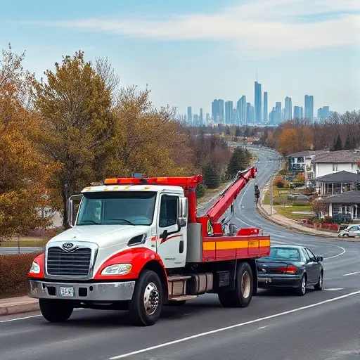 A realistic scene of a tow truck (evacuator) operating on a road in the Moscow region, with typical Russian suburban surroundings: trees, low-rise houses, and a distant skyline of Moscow skyscrapers under a clear sky. The tow truck is positioned next to a broken-down car, with the hook and winch visible, and the driver in a uniform. The composition emphasizes the vehicle and the urban environment without any signage or text.