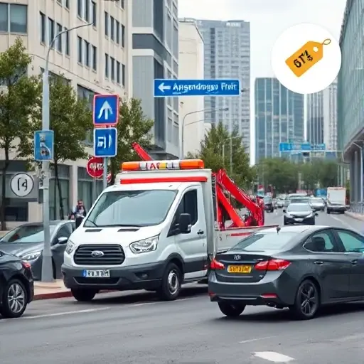 A realistic city street scene on Avangardnaya Street with a tow truck (evacuator) parked beside a car, showing the surrounding urban environment, road signs, and subtle visual cues like a price tag icon floating nearby to hint at cost factors, all rendered in a clean, high-quality smallHQ style without any text or logos