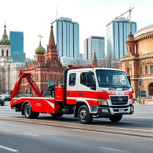 A low-frame tow truck (low-rack evacuator) parked on a Moscow street, with recognizable Russian architecture such as historic buildings and modern high-rises in the background, the vehicle highlighted with realistic details, bright daylight, no signage or text, focusing on the truck and city atmosphere