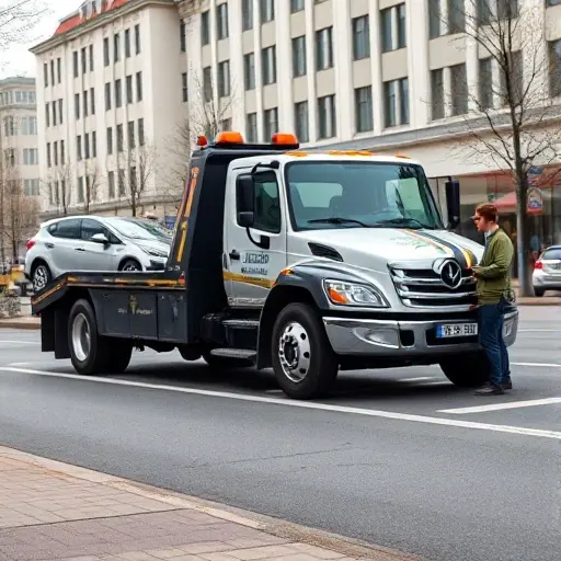 A modern tow truck parked on Argunovskaya Street in an urban setting, with a satisfied customer holding a phone and looking at the truck, no text or lettering visible in the scene