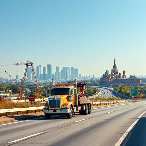 A realistic tow truck driving on a highway with a scenic background showing the transition from the industrial outskirts of Novomoskovsk to the iconic skyline of Moscow, including recognizable landmarks like the Kremlin silhouette in the distance, under a clear sky, with no text or signage