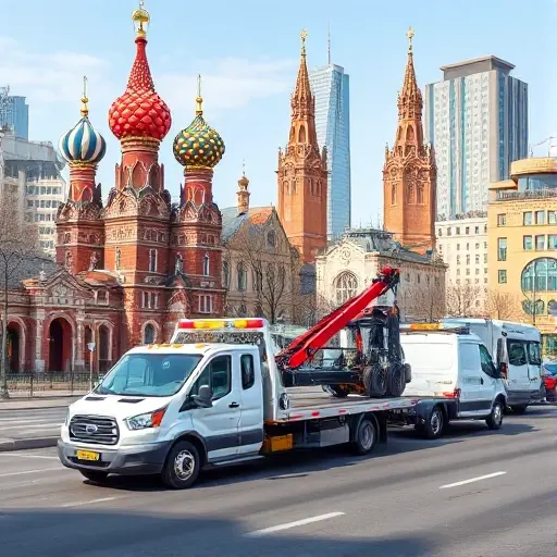 A realistic illustration of several types of tow trucks commonly seen in Nizhny Novgorod, Russia, positioned on a city street with recognizable Nizhny Novgorod architecture in the background, such as the historic Kremlin towers and modern high‑rise buildings. The scene shows a flatbed tow truck, a wheel‑lift tow truck, and a heavy‑duty recovery vehicle, all without any logos, signage, or text. The composition is clear and detailed, suitable for a small high‑quality (smallHQ) style.