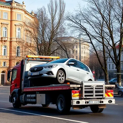 Эвакуатор Хамовники Москва: Полное Руководство A realistic scene of a tow truck (evacuator) operating on a Moscow street in the Hamovniki district, with typical Russian city architecture, trees, and a parked car being lifted, under a clear sky, without any text, letters, or numbers
