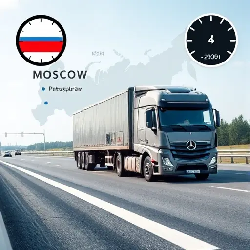 A modern towing truck on a highway between Moscow and Saint Petersburg, with a stylized map of Russia in the background showing the two cities, a clock icon indicating working hours, and a speedometer gauge indicating arrival speed