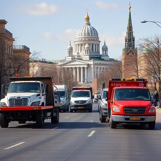 A realistic daytime scene of a Moscow street with several tow trucks of different types (flatbed, wheel‑lift, hook‑and‑chain) assisting vehicles, with recognizable Moscow architecture such as the Kremlin dome in the background, under a clear sky, no text or signage