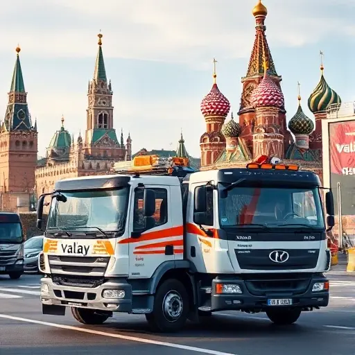 A realistic scene of a Valday tow truck navigating a busy Moscow street, with iconic city architecture such as the Kremlin towers and St. Basil's Cathedral in the background, under a clear daytime sky, showcasing the vehicle's robust design and professional service without any text or signage