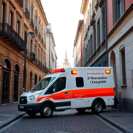 A realistic tow truck (evacuator) parked on a narrow urban street named 3rd Smolensky Lane, with typical city buildings, street lamps, and a cobblestone road, under a clear sky; the scene focuses on the vehicle and the street environment, without any visible text or signage