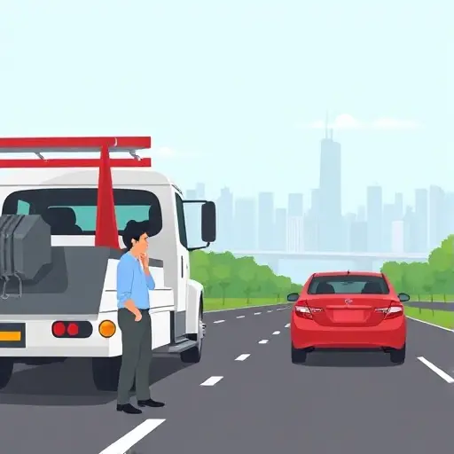 что делать если машину забрал эвакуатор A person standing beside a tow truck on a road, looking concerned as their car is being towed. The tow truck has a visible hook attached to the car. The scene shows a clear road, a few trees, and a city skyline in the background. No text or signage with words.