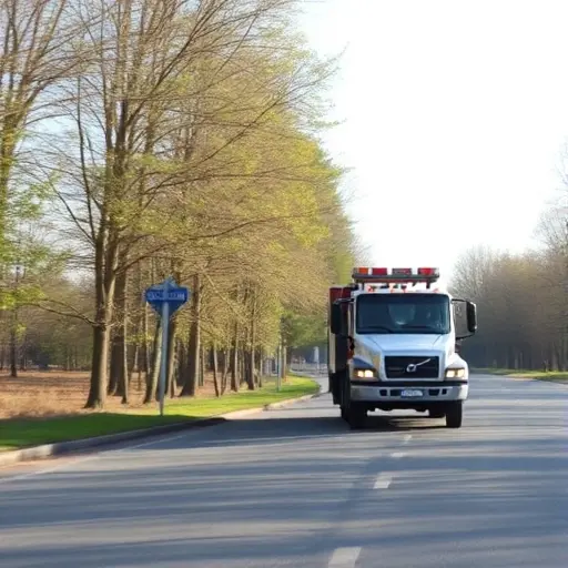 A tow truck (evacuator) driving along a quiet suburban road labeled as the 4th Dacha-Meshersky drive, surrounded by trees and a clear sky, viewed from a side angle, with no text, signs, or logos visible