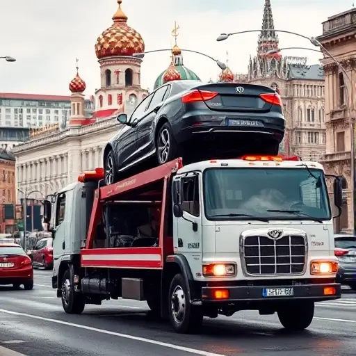 A realistic scene of a tow truck operating in a busy Moscow street, with recognizable Russian architecture and cityscape in the background, showing the truck lifting a vehicle onto its platform. The focus is on the tow truck and the urban environment, conveying the concept of vehicle evacuation services.
