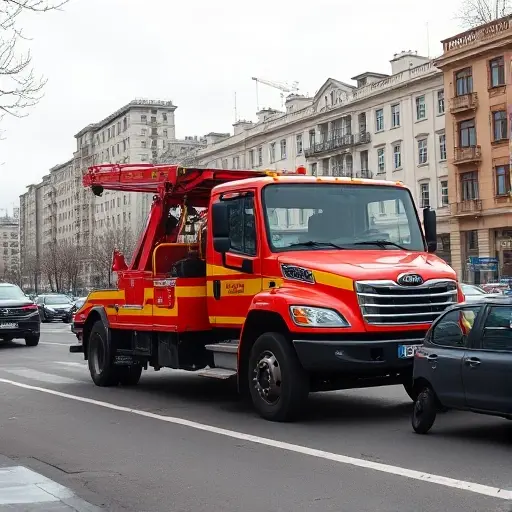 A reliable tow truck operating in Eastern Moscow, set against a recognizable city backdrop with recognizable Moscow architecture, showing the vehicle in action helping a car, with a sense of affordability and trustworthiness, no text or signage