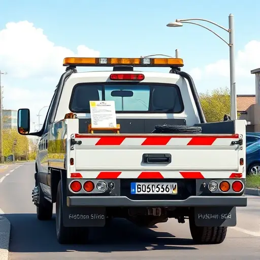A realistic illustration of a modern tow truck parked on a street in Pushkino, with a generic license plate on the rear and a generic insurance card displayed on the dashboard, in a clear sunny environment, no text or numbers