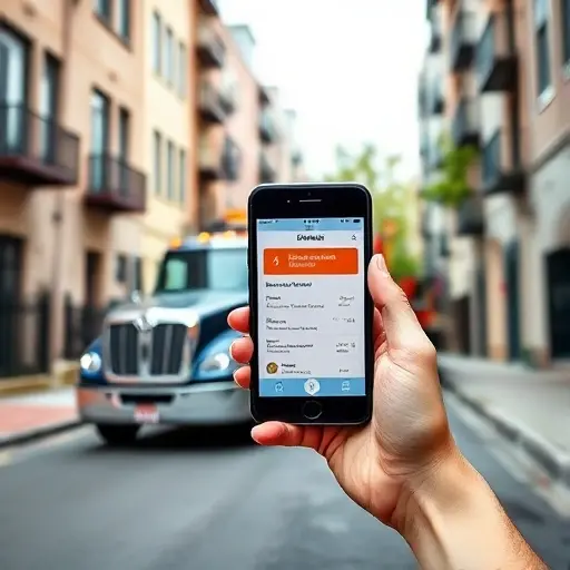 A realistic scene showing a modern tow truck parked on a quiet urban street with residential buildings in the background, a hand holding a smartphone displaying a dispatch app, and a subtle hint of a street environment, without any visible text, letters, or logos. The composition emphasizes the service of calling a tow truck on a residential alley, captured in a clean, detailed style.