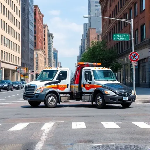 A realistic urban scene on a street named Alley of Patrons, showing a modern tow truck parked beside a broken-down car on the side of the road. The setting is daytime with clear sky, city buildings in the background, and subtle traffic signs. The focus is on the tow truck and the vehicle, illustrating the concept of calling a tow service, without any text or logos.