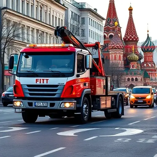 A professional tow truck parked on a busy Moscow street, with recognizable Moscow architecture such as the Kremlin dome or St. Basil's Cathedral in the background, showing the truck's hook and lights ready for service, under a clear sky, realistic yet compact composition