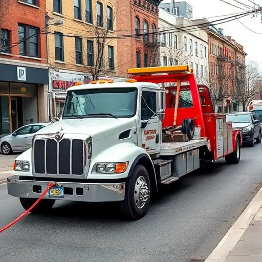 A realistic depiction of a tow truck equipped with a winch pulling a car in a small urban setting, showing the winch cable and the truck's front, with no people, no text, no logos, no background cars