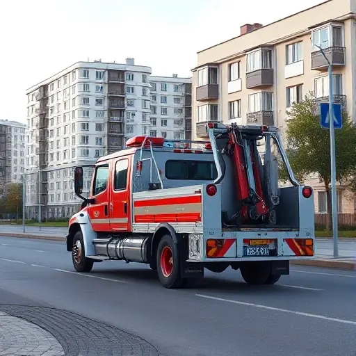 эвакуатор бабушкинский москва A realistic scene of a tow truck (evacuator) parked on a street in the Babushkinsky district of Moscow, with typical Russian apartment buildings and street signs in the background, under a clear sky. The tow truck is the focal point, showing its ladder and winch, with subtle reflections on its metal surface. The surrounding environment includes pavement, a few trees, and a hint of distant cityscape, all rendered in a compact high-quality style.
