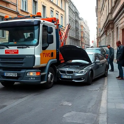 A tow truck parked on Bolshoy Kazyonny Pereulok, with a broken car beside it on a narrow urban street. The scene shows the tow truck’s front and side, the damaged vehicle’s hood open, and a few bystanders standing nearby. The street has typical city pavement and subtle lighting, with no visible text or signage.