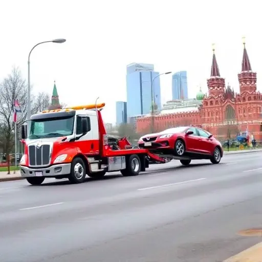 A realistic depiction of a modern towing truck pulling a car on a Moscow street, with the iconic Moscow skyline in the background. The scene should include subtle hints of pricing, such as a generic price tag icon hanging from the truck, but no visible text, letters, or digits. The image should convey the idea of towing services and pricing in an urban setting.