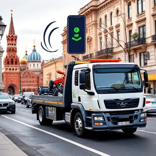 A modern tow truck parked on a busy Moscow street with recognizable city landmarks in the background, a stylized smartphone icon hovering above the truck showing an incoming call notification, motion blur lines indicating fast service, and subtle arrows suggesting acceleration of the evacuation process, all rendered in a clean, detailed smallHQ style without any text or logos