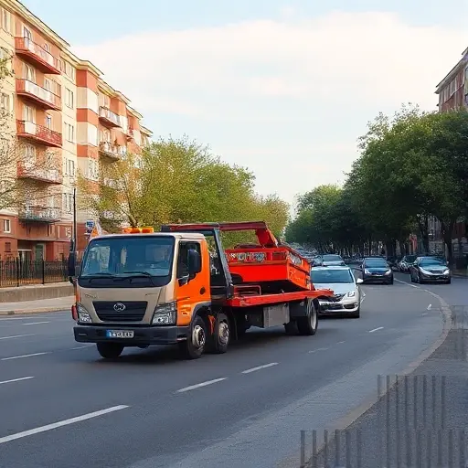 A tow truck pulling a small car on a busy street in the South-West district of Moscow, with typical residential buildings, trees, and a clear sky, showing the urban environment without any text or signage