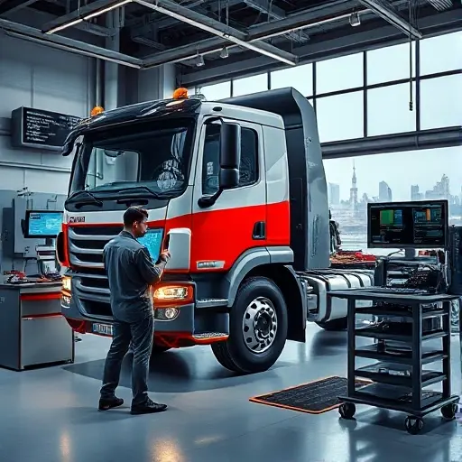 A professional mechanic performing a detailed diagnostic inspection on a large tow truck inside a modern Moscow garage, surrounded by diagnostic tools and computer screens displaying data, with a faint view of the Moscow skyline through a window, realistic high‑detail rendering in smallHQ style