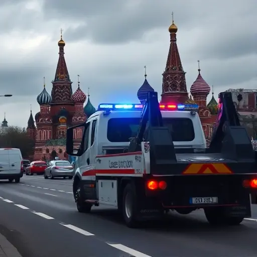 Срочный вызов эвакуатора в Москве: Полное руководство A modern tow truck with flashing blue and red lights parked on a busy Moscow street, with the silhouette of Saint Basil's Cathedral and other recognizable Moscow skyline elements in the background, under a cloudy sky, conveying urgency without any text or additional vehicles.