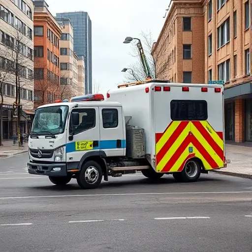 A realistic tow truck (evacuator) parked on the first street of Yamskoye Field, with a typical urban street scene, including road, sidewalks, streetlights, and surrounding buildings, captured in the smallHQ style, without any text or signage