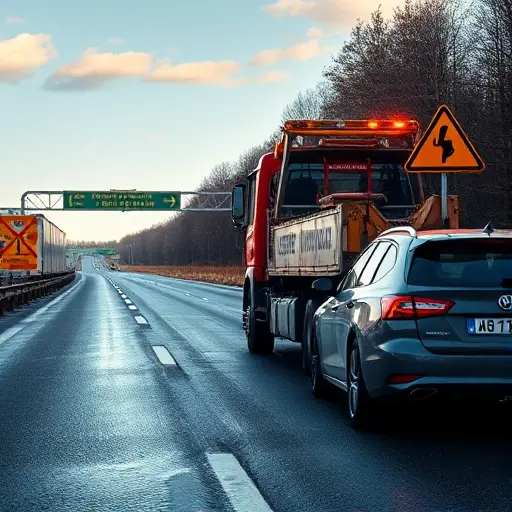 A realistic scene of a tow truck operating on the Leningrad highway near Moscow, with caution signs and a highlighted dangerous stretch of road, a broken-down car parked on the side, emergency lights flashing, and a clear sky