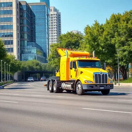 A modern yellow tow truck driving on a wide city street in a Moscow district, with modern office buildings and trees in the background, clear daylight, realistic photography