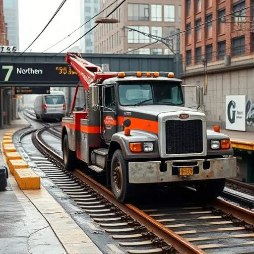 A realistic tow truck positioned on the tracks of the 7th Northern subway line, with the surrounding urban environment, tracks, and subtle background details, no text or signage