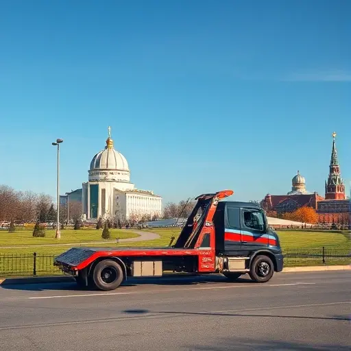 эвакуатор москва вднх A realistic tow truck parked near the iconic VDNH exhibition pavilions in Moscow, with the spacious parkland and distinctive Soviet-era architecture in the background, under a clear sky, captured in a smallHQ style