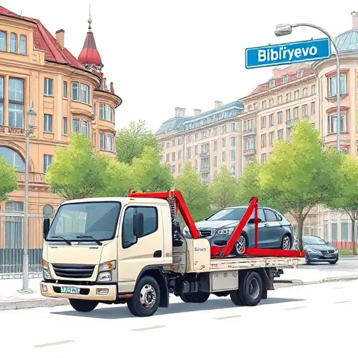 Эвакуатор в районе Бибирево: Полное руководство A realistic illustration of a tow truck parked on a street in the Bibir'yevo district, with a car being towed, showing the surrounding urban environment, including typical Moscow architecture, trees, and a street sign indicating Bibir'yevo. The scene should be daytime, with clear lighting, and the tow truck should be in a neutral color, with visible towing equipment. No text or lettering should be present in the image.