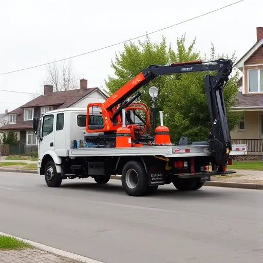 A tow truck equipped with a hydraulic manipulator, parked on a quiet street in Lysykovo, with modest residential houses and trees in the background, depicted in a realistic small-town setting.