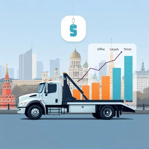 A tow truck parked in front of a recognizable Moscow skyline, with a floating price tag icon above it, and a simple bar graph overlay indicating comparison of different companies' offers, all depicted without any text, letters, or digits