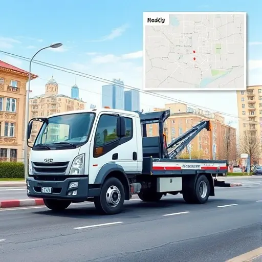 A realistic illustration of a modern tow truck parked on a street in Moscow's South-Eastern Administrative Okrug, with the Moscow skyline visible in the background and a subtle map overlay highlighting the district's location, showing clean streets and nearby residential buildings to convey affordability and convenience