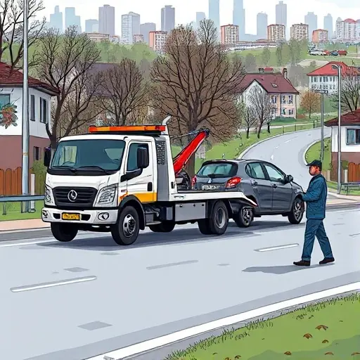 A realistic illustration of a tow truck pulling a car on a suburban road in Pushkino, with a cityscape background and a mechanic in uniform, no text, letters, digits, or license plates visible