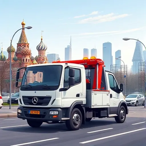 Эвакуаторы Савеловский Москва: Недорого и Надежно – Полный Гид A realistic yet compact illustration of a modern tow truck (evakuator) parked on a Moscow street near Savelo... district, with the city skyline in the background, showing the vehicle's hook and lights, under a clear sky, conveying reliability and affordability without any text or signage.
