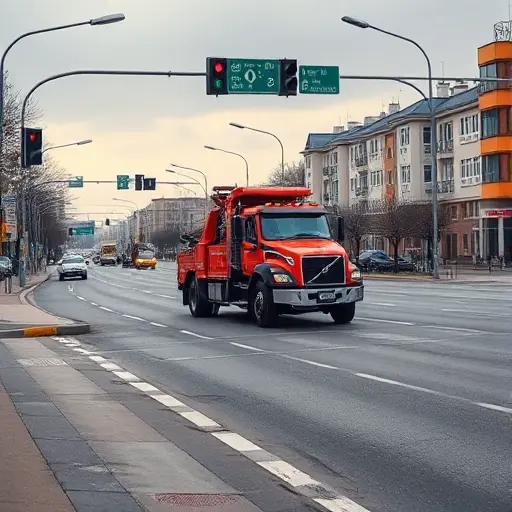 A realistic scene of a tow truck operating on a typical street in the southwestern part of Moscow, showing the local transport infrastructure such as multi-lane roads, traffic lights, street lamps, and surrounding residential and commercial buildings, with a clear view of the road surface and surrounding environment, without any visible text or signage