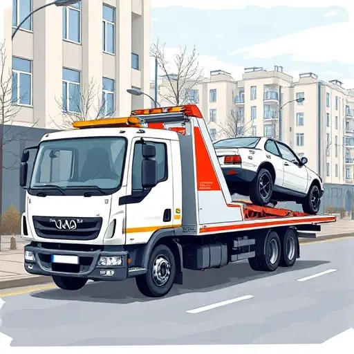A realistic illustration of a tow truck fully loaded with a vehicle, parked on a city street in the Moscow-Balachikha area, showing the tow truck's cab and the towed vehicle with the loading mechanism clearly visible, no text or signage, in a detailed, high-resolution style
