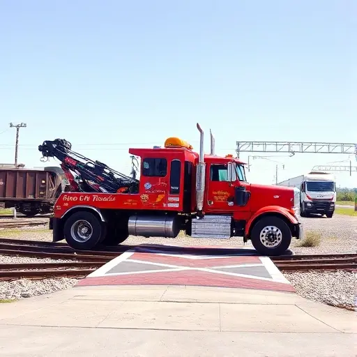 A robust tow truck positioned on a railway crossing, with visible rail tracks, a partially visible train in the distance, and a clear sky.