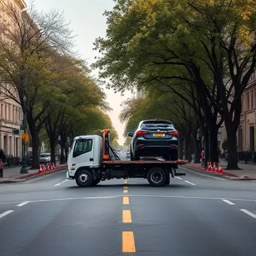 A realistic scene of a tow truck gently lifting a car on a wide, tree-lined street named Alley of Friendship of Peoples, with a calm urban background, clear sky, and subtle safety equipment like reflective vests on the driver, without any visible text or signage