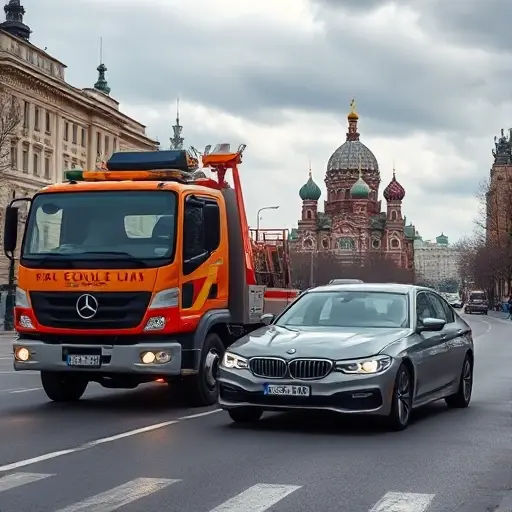 A tow truck pulling a broken-down car on a Moscow street, with Moscow architecture such as the Kremlin dome visible in the background, under a cloudy sky, realistic smallHQ style