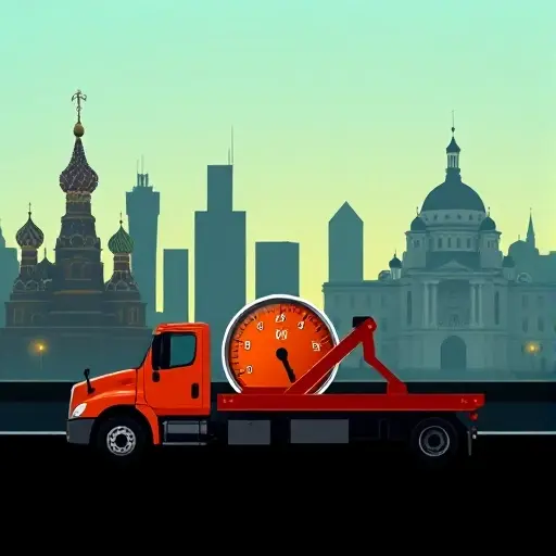 A tow truck positioned between the skylines of Moscow and Saint Petersburg, with a subtle gauge or meter indicating cost, no text or numbers, no logos, in a realistic style.