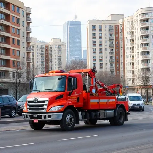 Эвакуатор Молжаниновский, Москва: Полное руководство A realistic depiction of a tow truck (evakuator) operating on a city street in the Molzhaninovsky district of Moscow, with recognizable Moscow architecture in the background, such as typical apartment buildings and a hint of the Moscow skyline, under a clear sky. The scene focuses on the tow truck and the urban environment, without any text, logos, or signage.