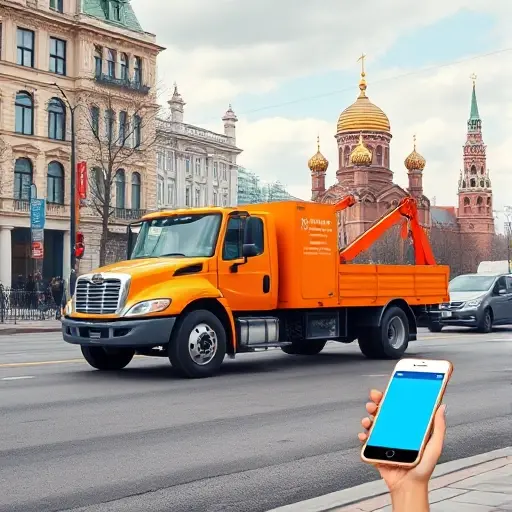 эвакуатор москва номер телефона A realistic scene of a bright orange tow truck parked on a busy Moscow street, with recognizable landmarks such as the Kremlin dome in the background and a subtle smartphone icon hovering near the truck to suggest a phone contact, all rendered in a compact high-quality style without any text or numbers