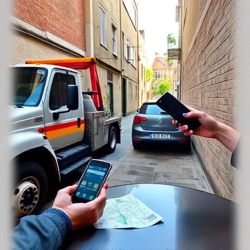 A tow truck parked on a narrow alley, a car stuck, a tow hook attached, a person holding a phone, a small map on a table