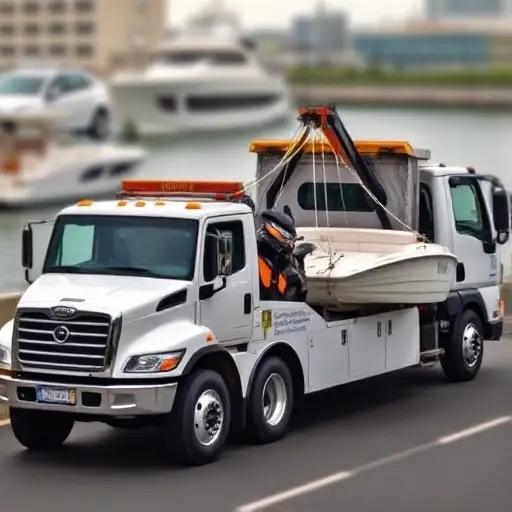 A modern tow truck with a hydraulic winch, towing a variety of vehicles simultaneously: a sedan, a motorcycle, a small pickup truck, and a small boat, all connected by cables. The scene shows the tow truck in a dynamic pose on a city street or harbor, illustrating its versatility across different transport types. No text, letters, or digits are present.