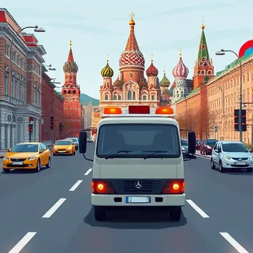 A realistic illustration of a tow truck driving through a recognizable Moscow street scene with iconic landmarks such as the Kremlin silhouette in the background, conveying distance and movement, with subtle visual cues of cost per kilometer represented by abstract symbols like a speedometer gauge, but without any text or numbers